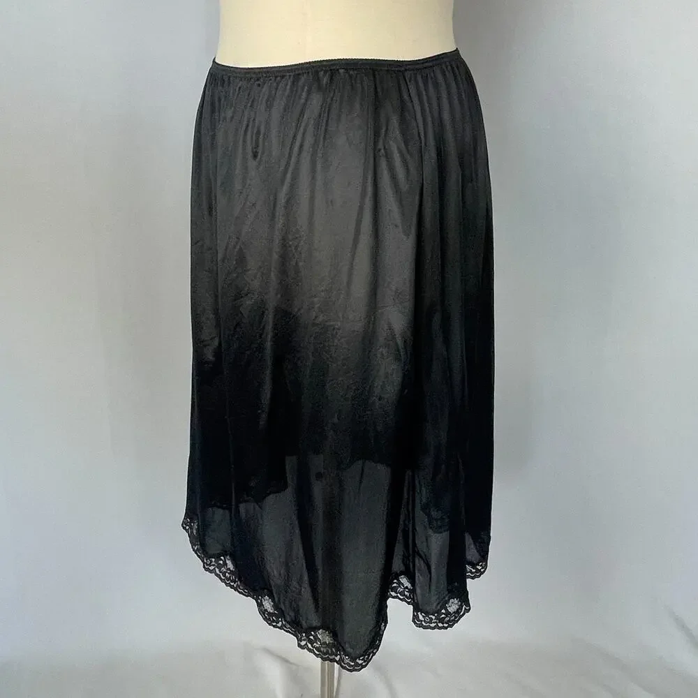 Half Slip Skirt Plus Size 22 24 Black Solid Nylon Satin Lace Trim Lingerie Vtg